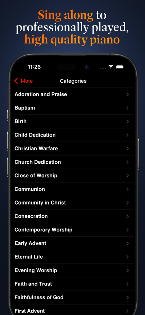 Advent Hymnal - List of hymn categories in the Advent Hymnal app including Adoration and Praise