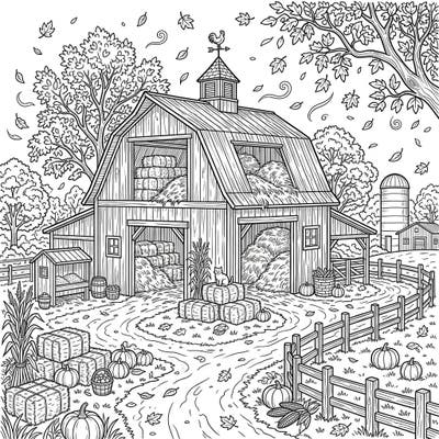 Step into a rustic autumn farm with this intricate hay barn coloring page designed for teens. Discover a charming scene brimming with hay bales, pumpkins, and falling leaves, perfect for a relaxing fall activity.