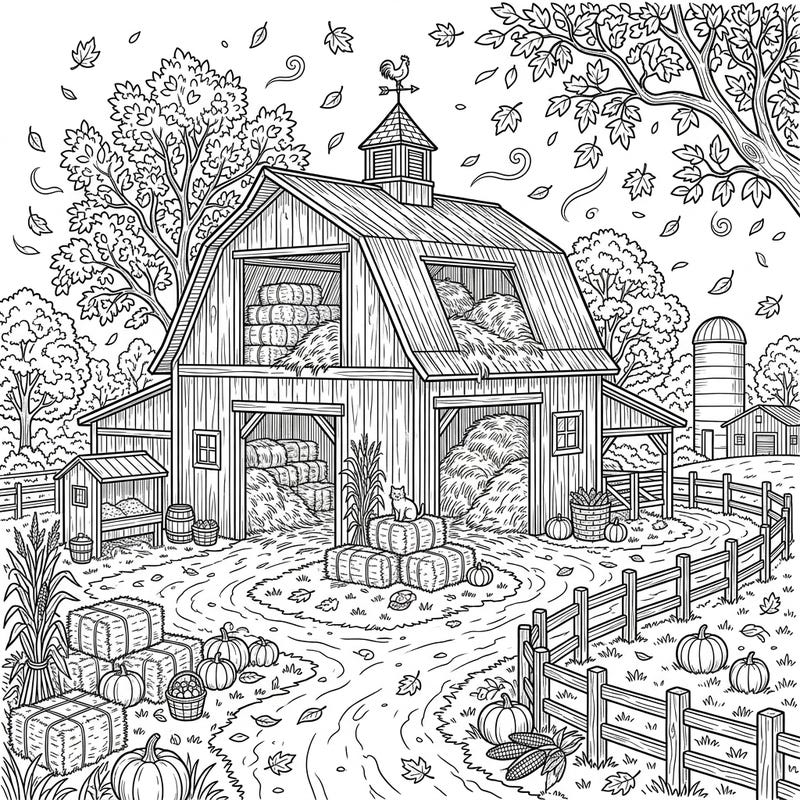 Step into a rustic autumn farm with this intricate hay barn coloring page designed for teens. Discover a charming scene brimming with hay bales, pumpkins, and falling leaves, perfect for a relaxing fall activity.
