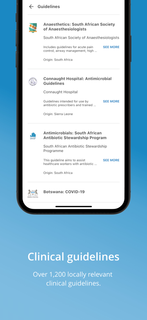 EMGuidance app screen displaying a list of locally relevant clinical guidelines for medical professionals
