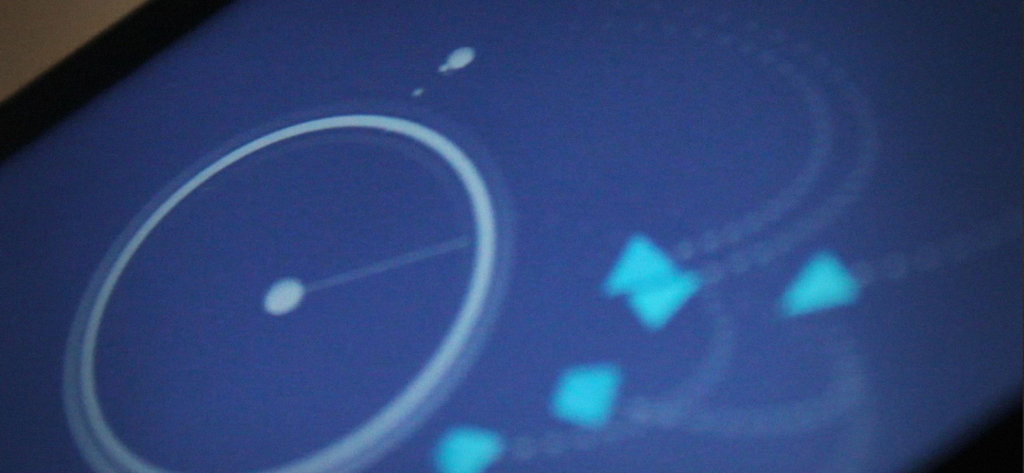 A minimalist screenshot of the EMC game featuring glowing blue particles and a circular interface