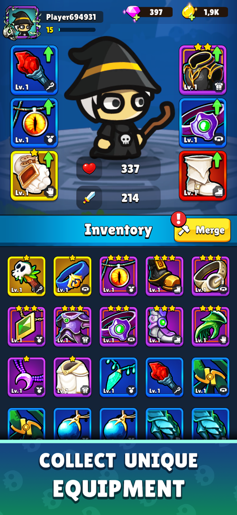 Rise of Necromancer - Pantalla de inventario de Rise of Necromancer que muestra las ranuras de equipo del personaje y las armas y armaduras recolectadas