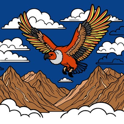 a majestic andean condor soaring through the high mountain skies, with its wide wingspan spread out, surrounded by snow-capped peaks and clouds.