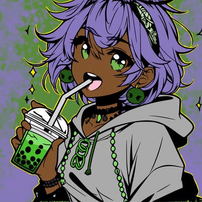 hot baddie anime girl drinking boba and biting the straw