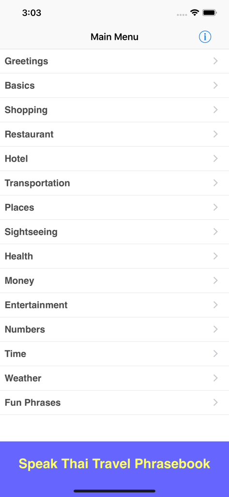 Main menu of the Speak Thai Travel Phrasebook app displaying a list of travel categories like greetings shopping and restaurant