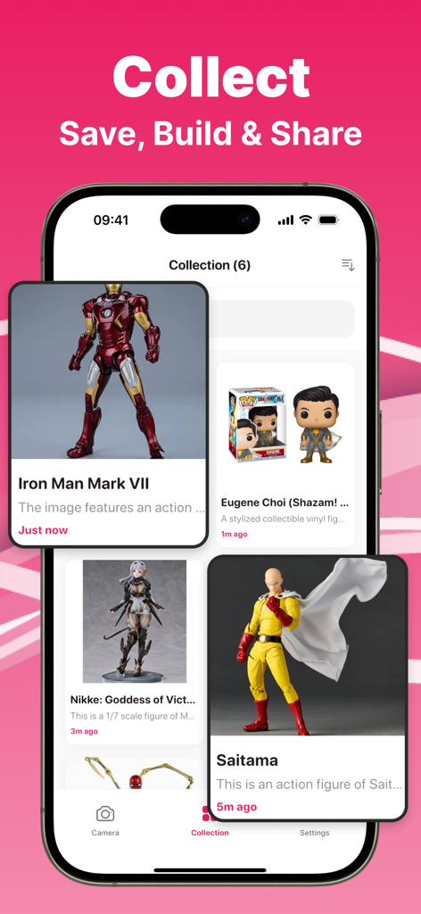 Figure ID: AI Toy Identifier - Uma tela móvel mostrando uma coleção digital de figuras de ação identificadas, incluindo Homem de Ferro e Saitama