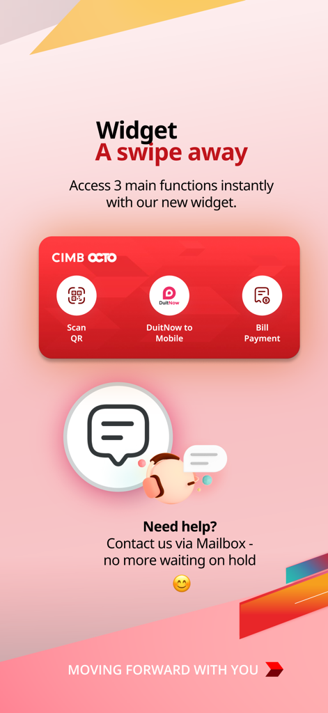 Screenshot of CIMB OCTO MY app showing the quick access widget and customer support mailbox feature.