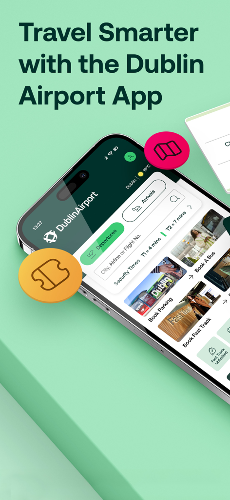 Dublin Airport - Interfaz de la aplicación del Aeropuerto de Dublín en un iPhone que muestra los tiempos de espera en seguridad y las opciones de reserva de vuelos