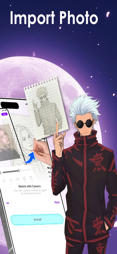 AR Drawing: Draw & Sketch App - Mobile app interface for importing photos to trace and sketch anime characters using AR technology