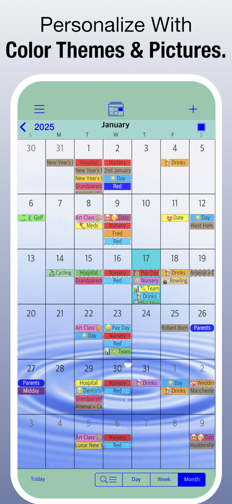 PocketLife Calendar - PocketLife Calendar app che visualizza una vista mensile personalizzata con etichette di eventi colorate e uno sfondo personalizzato