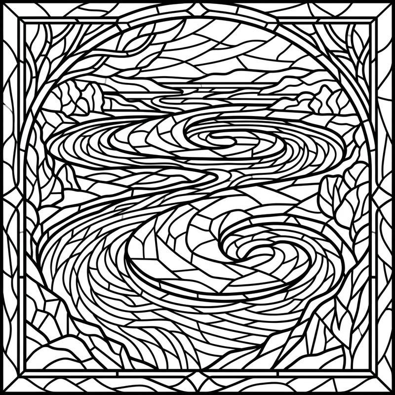 Explore the captivating beauty of oxbow lakes reimagined in a stunning stained glass art style. This unique coloring page invites you to bring vibrant hues to a tranquil natural landscape.