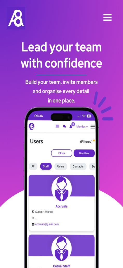 Ability8 - Ability8 app interface for managing support workers and disability care teams