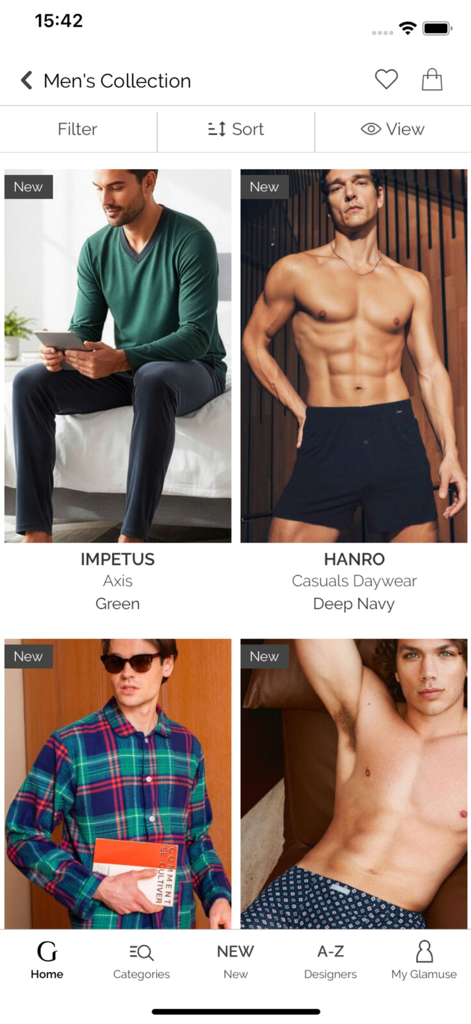 Glamuse – Lingerie - A screenshot of the men's collection in the Glamuse app featuring designer underwear and loungewear brands like Hanro and Impetus.