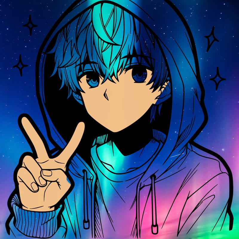 teenage manga boy in a hoodie, doing ✌