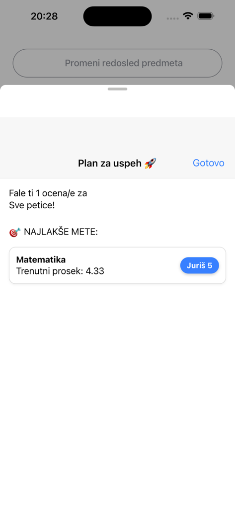 Malo Fali - uspeh - Interface de plano de sucesso no aplicativo Malo Fali mostrando metas de notas para estudantes