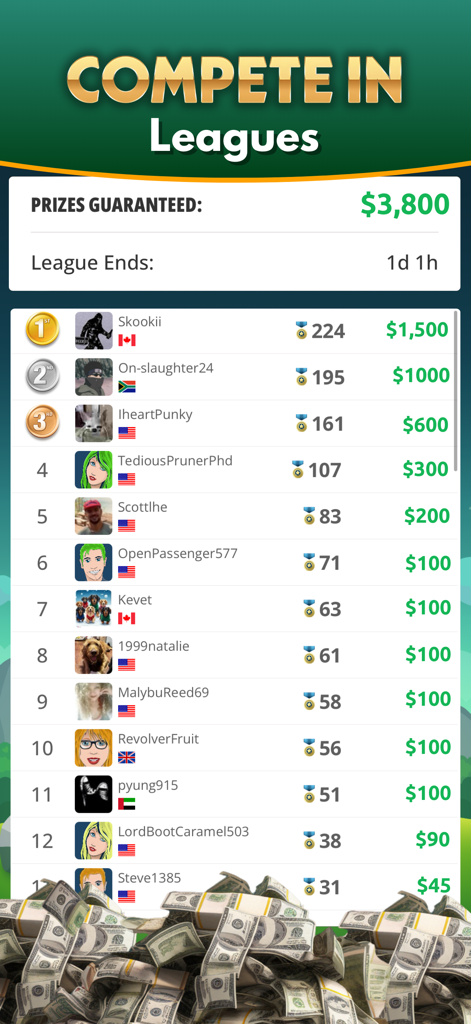 Word Money Game Win Real Cash - Un tablero de clasificación de liga competitiva en el Juego de Palabras Dinero que muestra las clasificaciones de los jugadores y premios en efectivo