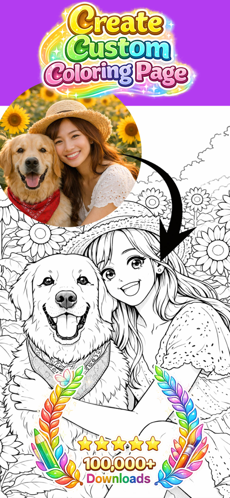 A photo of a woman and her dog being converted into a custom line art coloring page.