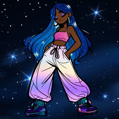 girl in baggy pants crop top and long hair