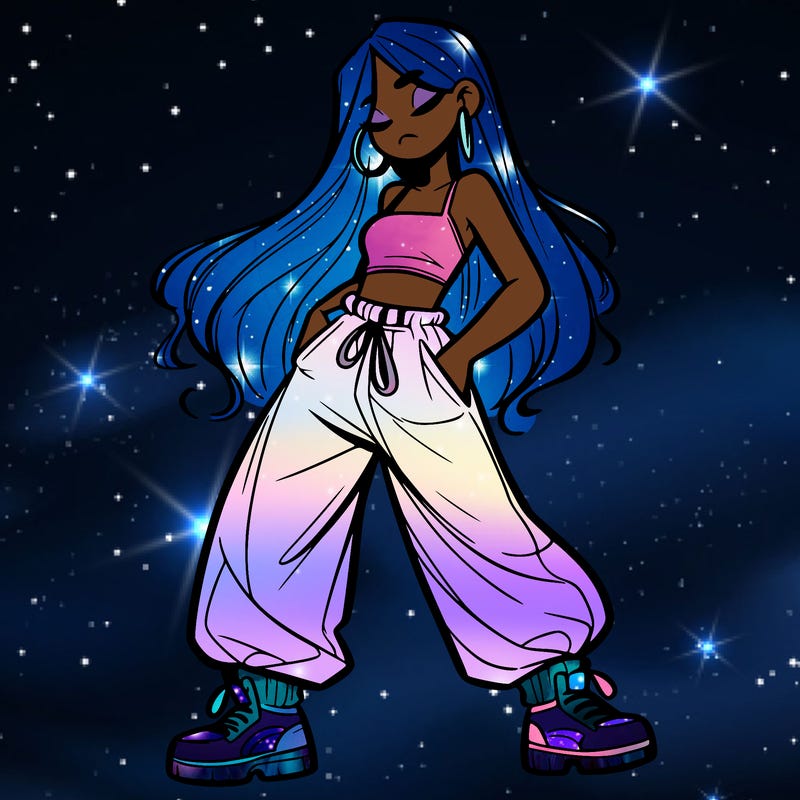 girl in baggy pants crop top and long hair