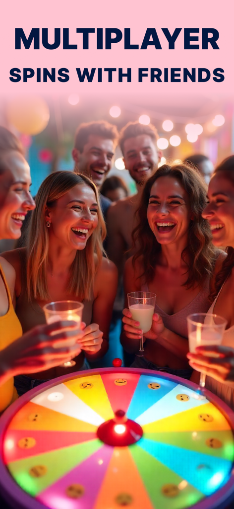 Spin The Wheel - Happy Wheels - Um grupo de jovens amigos rindo e segurando bebidas enquanto jogam um jogo multiplayer de roda giratória juntos