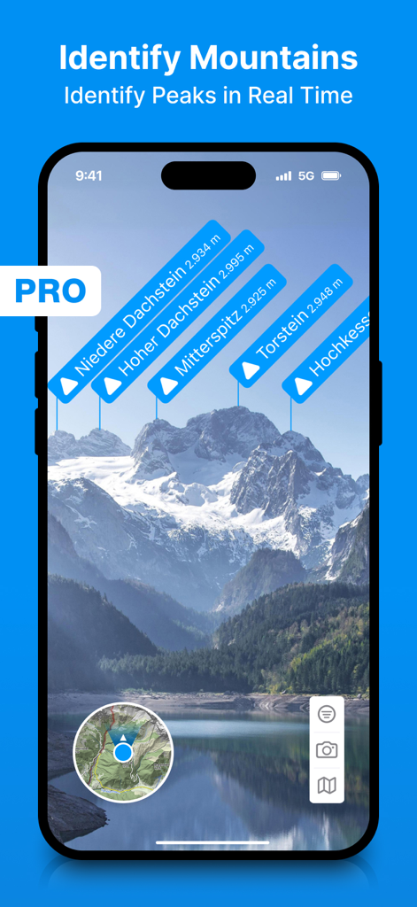 bergfex: Hiking & Tracking - Smartphone screen showing bergfex app identifying mountain peaks in real time using augmented reality labels