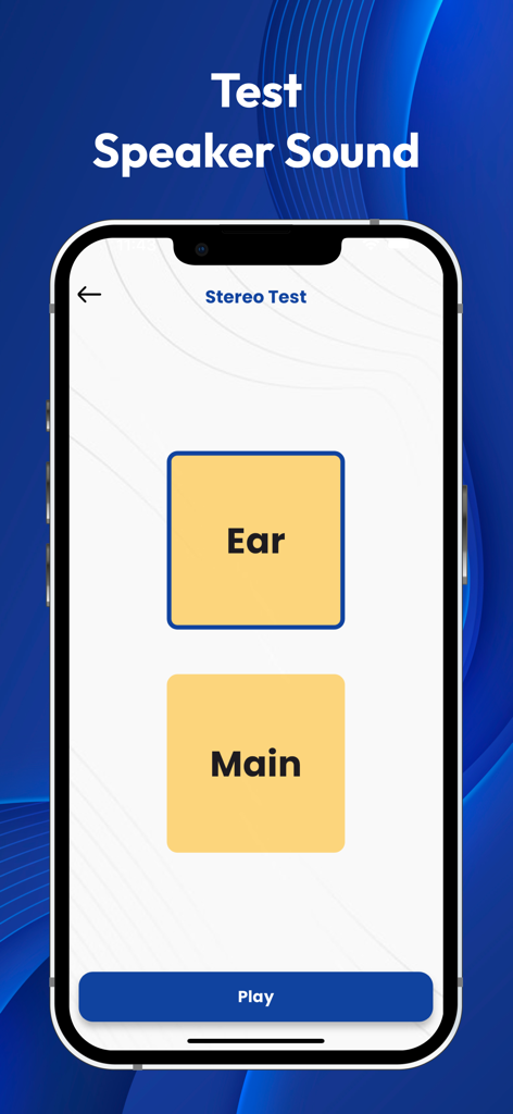 Speaker Cleaner - Water eject° - La pantalla de un smartphone mostrando una función de prueba de sonido estéreo con botones para probar los altavoces del oído y el principal.