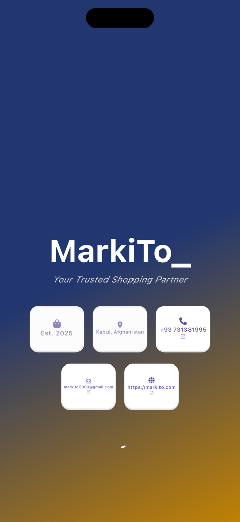MarkiTo - MarkiTo app contact information screen showing location phone number email and website