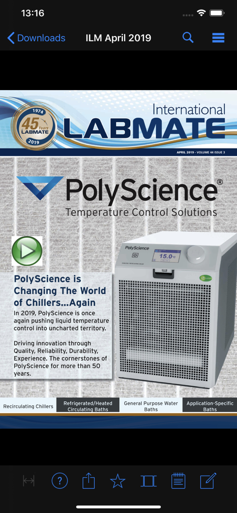 Labmate - Digital page of International Labmate magazine inside the Labmate app featuring a laboratory chiller advertisement.