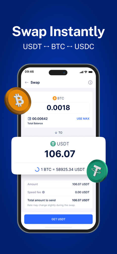 Speed Wallet: Buy Bitcoin - Speed Wallet mobile app screen showing a Bitcoin to USDT cryptocurrency swap