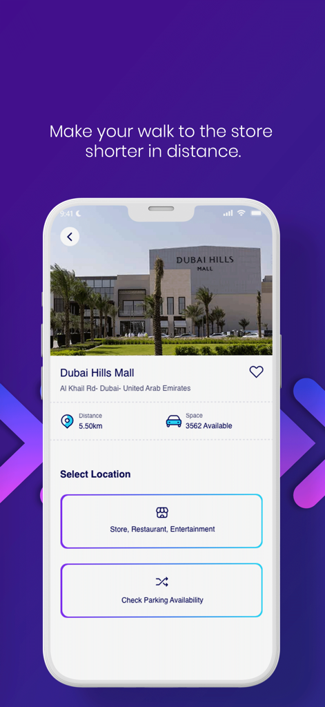 My Park Buddy - Tela do aplicativo My Park Buddy mostrando disponibilidade de estacionamento em tempo real e seleção de entrada para o Dubai Hills Mall