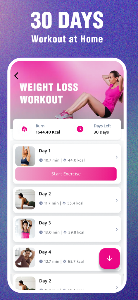 Weight Loss, Workout for Women - Interfaz de aplicación móvil que muestra un plan de entrenamiento en casa de 30 días para mujeres con rutinas de ejercicio diarias y seguimiento de calorías