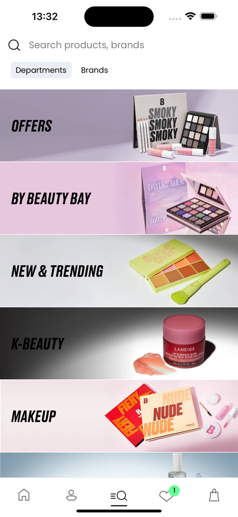 BEAUTY BAY app interface showing shopping categories for makeup and skincare products