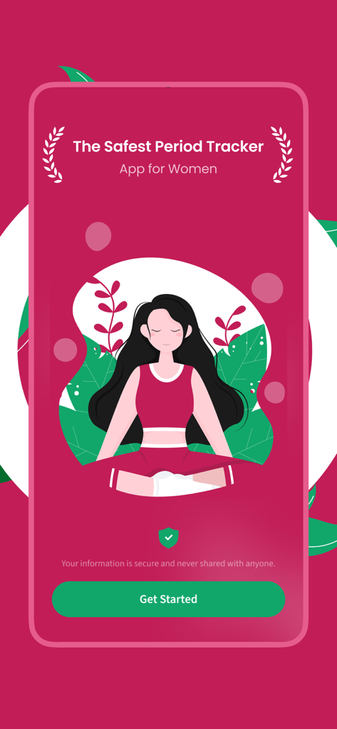 Cylo - Period & Cycle Tracker - 개인 정보 보호 보장을 약속하는 여성의 명상 사진과 함께 가장 안전한 여성 생리 추적기라는 문구가 포함된 Cylo 앱 시작 화면.