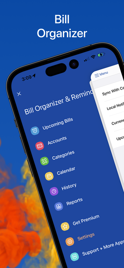 Interface of the Bill Organizer and Reminder app showing the main navigation menu on an iPhone