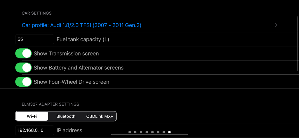 VAG Virtual Cockpit ELM327 OBD - Car and ELM327 adapter settings screen for the VAG Virtual Cockpit app