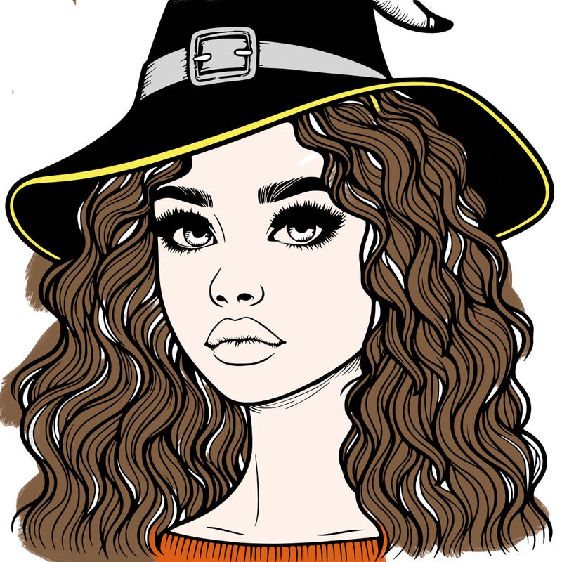 realistic girl with wavy hair a witch hat and a nose and lips and eyes
