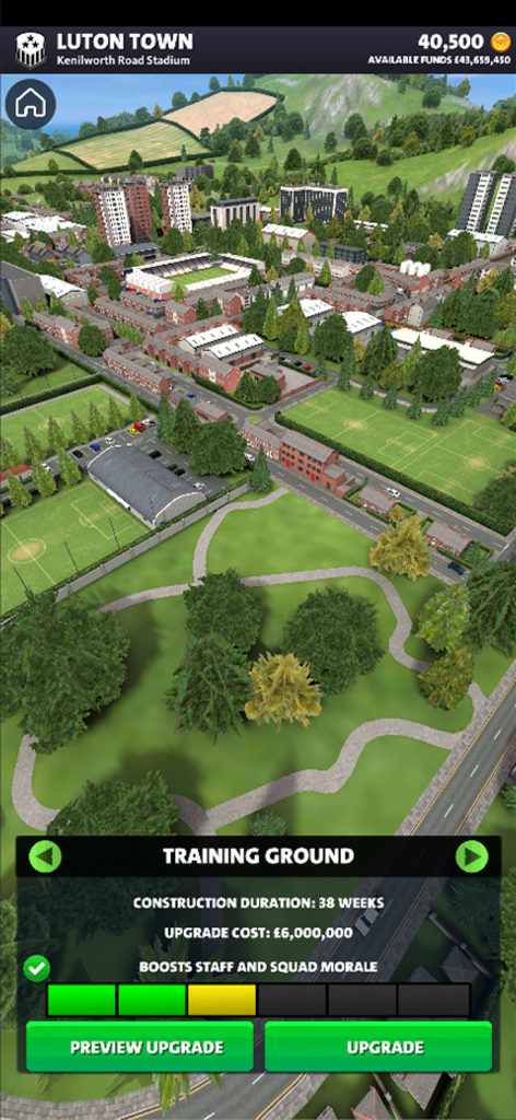 Aerial view of a soccer club training ground with a menu showing upgrade costs and benefits in Soccer Club Management 2025