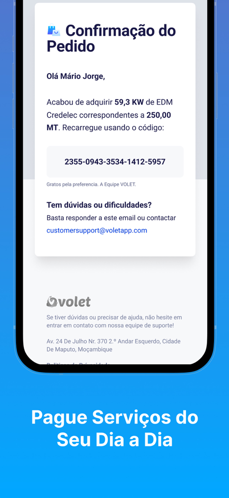 Pantalla de confirmación de pedido de la aplicación VOLET para la compra de crédito de electricidad con un código de recarga