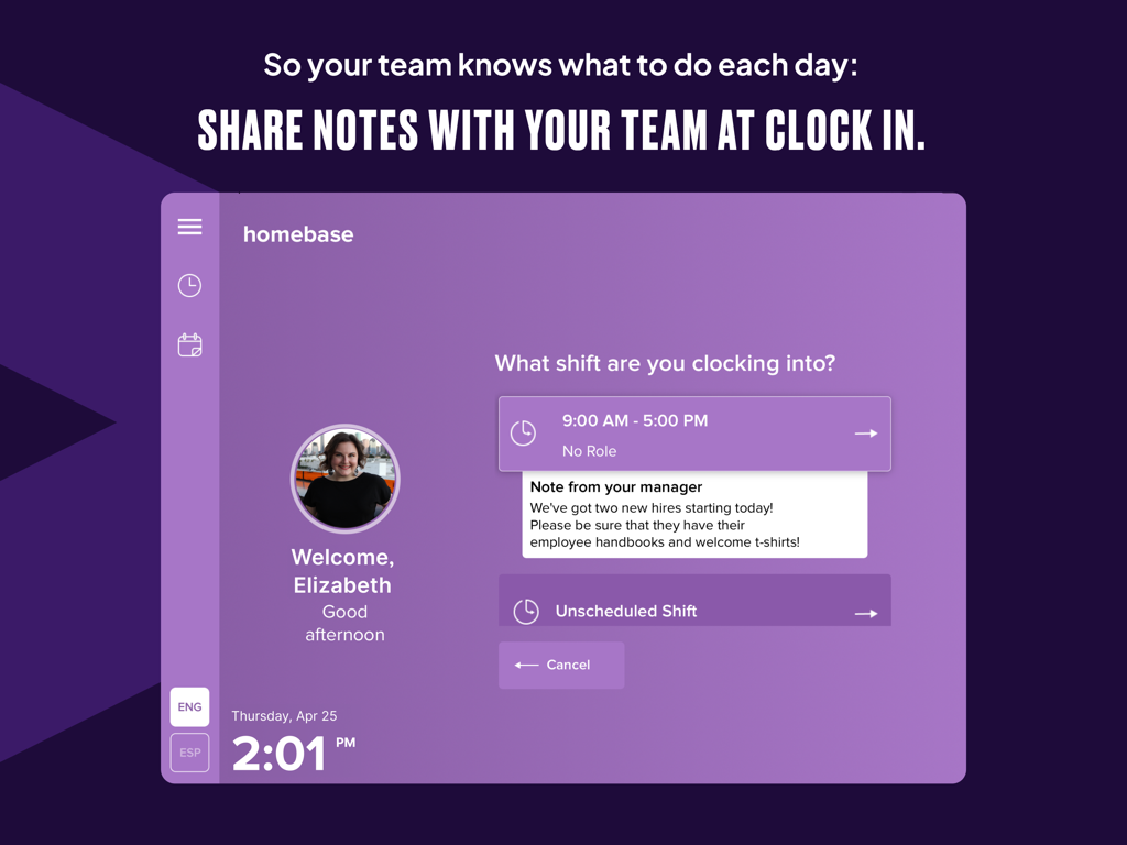 Time Clock by Homebase - iPad interface showing a manager note for an employee at clock in within the Homebase app