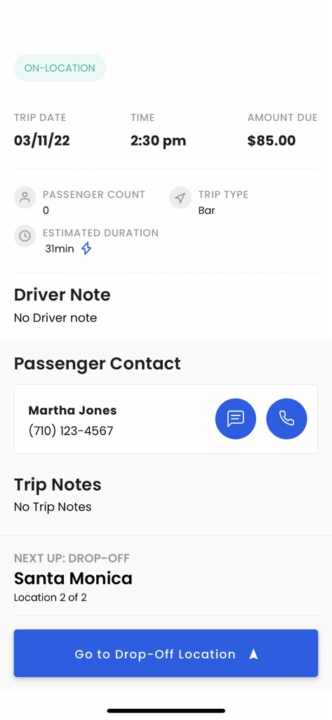 Moovs Driver - Detaillierte Ansicht der Fahrt- und Fahrgastinformationen in der Moovs Driver App