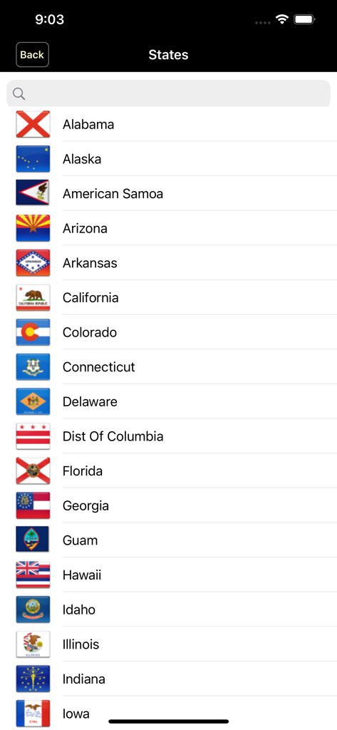 SimPlates - Searchable list of US states and territories with their corresponding flags in the SimPlates app.