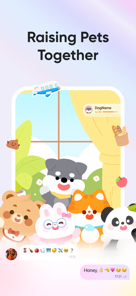 Écran de l'application Love8 montrant de mignons animaux de compagnie virtuels que les couples peuvent élever ensemble avec des fonctionnalités de chat interactives.