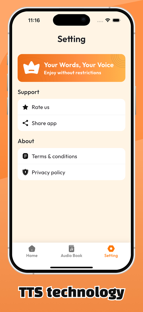 Text To Speech (TTS) - Das Einstellungsmenü der Text-to-Speech-TTS-Mobil-App mit Optionen für den Premium-Zugang und Support-Links