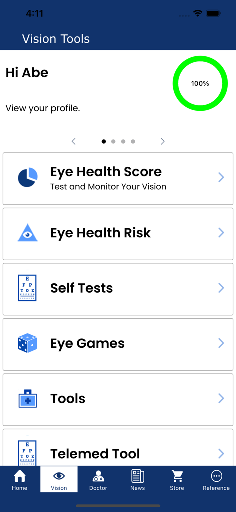 Eye Patient - Interfaz de la aplicación Paciente Ocular mostrando el menú Herramientas de Visión con opciones para Puntaje de Salud Ocular, Autoexámenes y Juegos de Ojos.