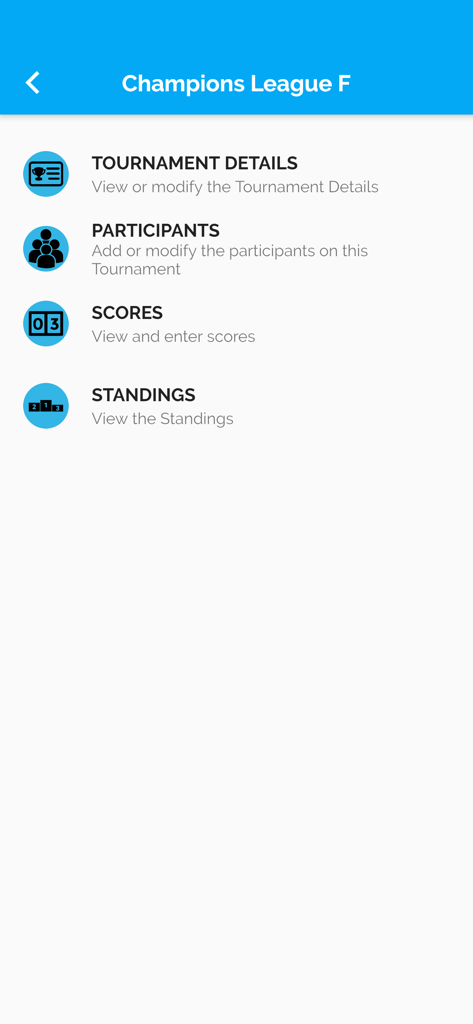 My Tournaments - My Tournamentsアプリのインターフェース。トーナメント詳細、参加者、スコア、順位表のメニューオプションが表示されています