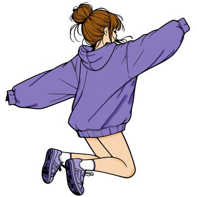 realistic girl jumping with a bun and oversized sweatshirt