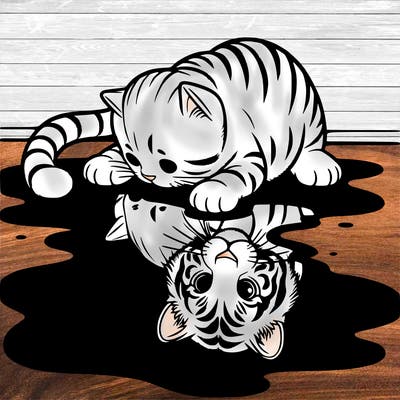 s small tabby cat look at itself in a puddle and sees it like a white tiger.
