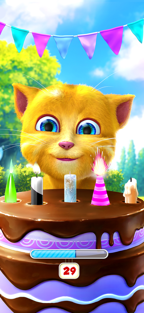 Talking Ginger kitten playing a birthday candle mini game with a chocolate cake