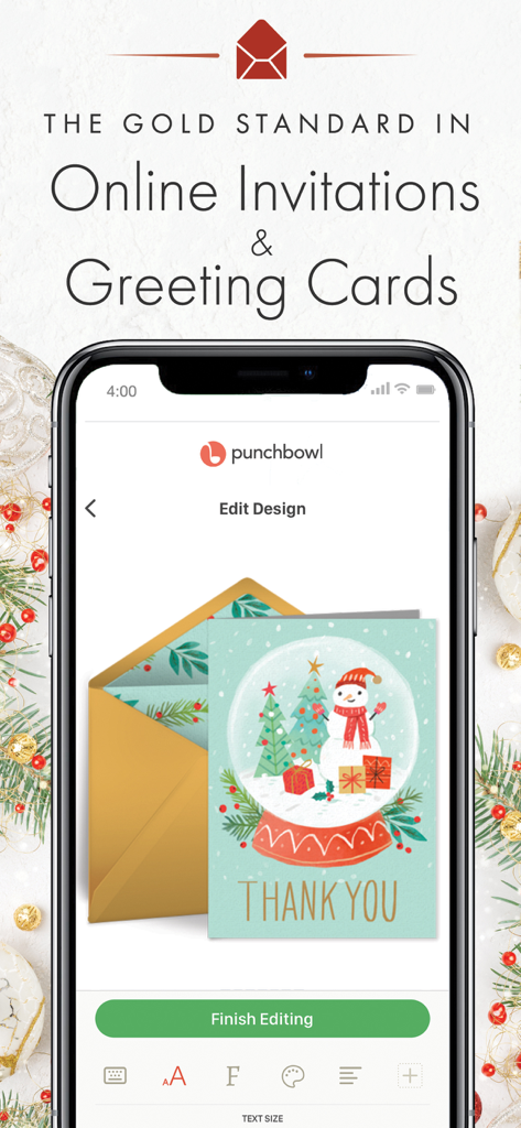 Punchbowl: Invitations & Cards - Punchbowl app interface on a smartphone screen showing a personalized Christmas thank you card design with a snowman