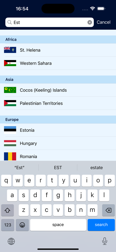 FlagDict: World Flags - Search screen of FlagDict app showing a list of world flags categorized by continents Africa, Asia, and Europe